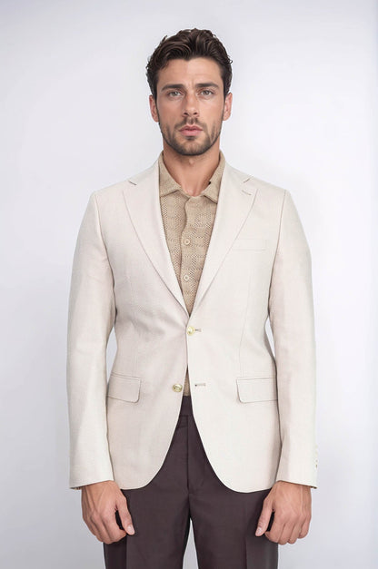Beige Herringbone Pattern Gold MetalButton Slim Fit Men&