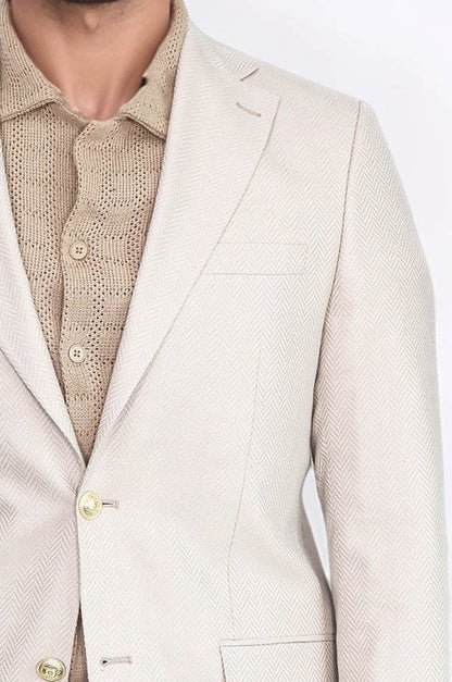 Beige Herringbone Pattern Gold MetalButton Slim Fit Men&