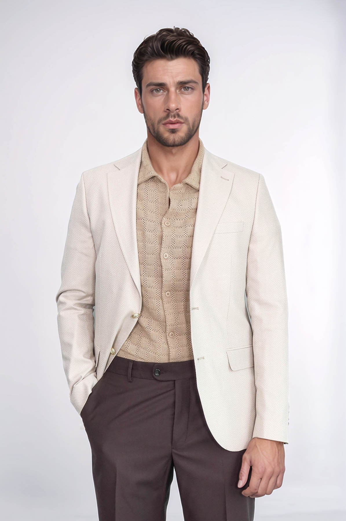 Beige Herringbone Pattern Gold MetalButton Slim Fit Men&