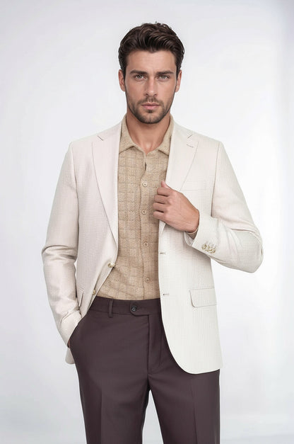 Beige Herringbone Pattern Gold MetalButton Slim Fit Men&