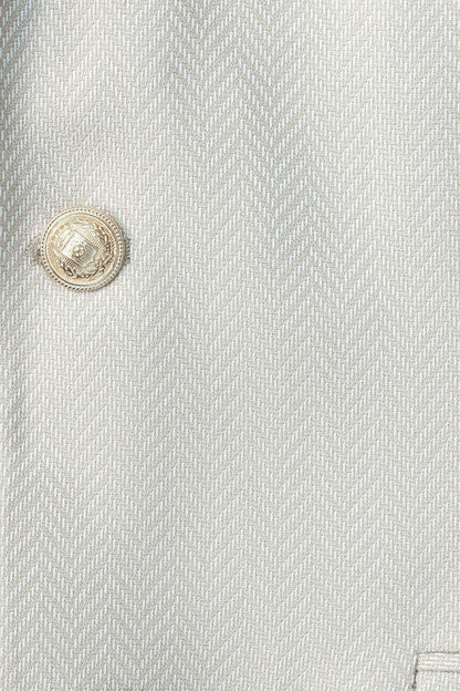 Beige Herringbone Pattern Gold MetalButton Slim Fit Men&