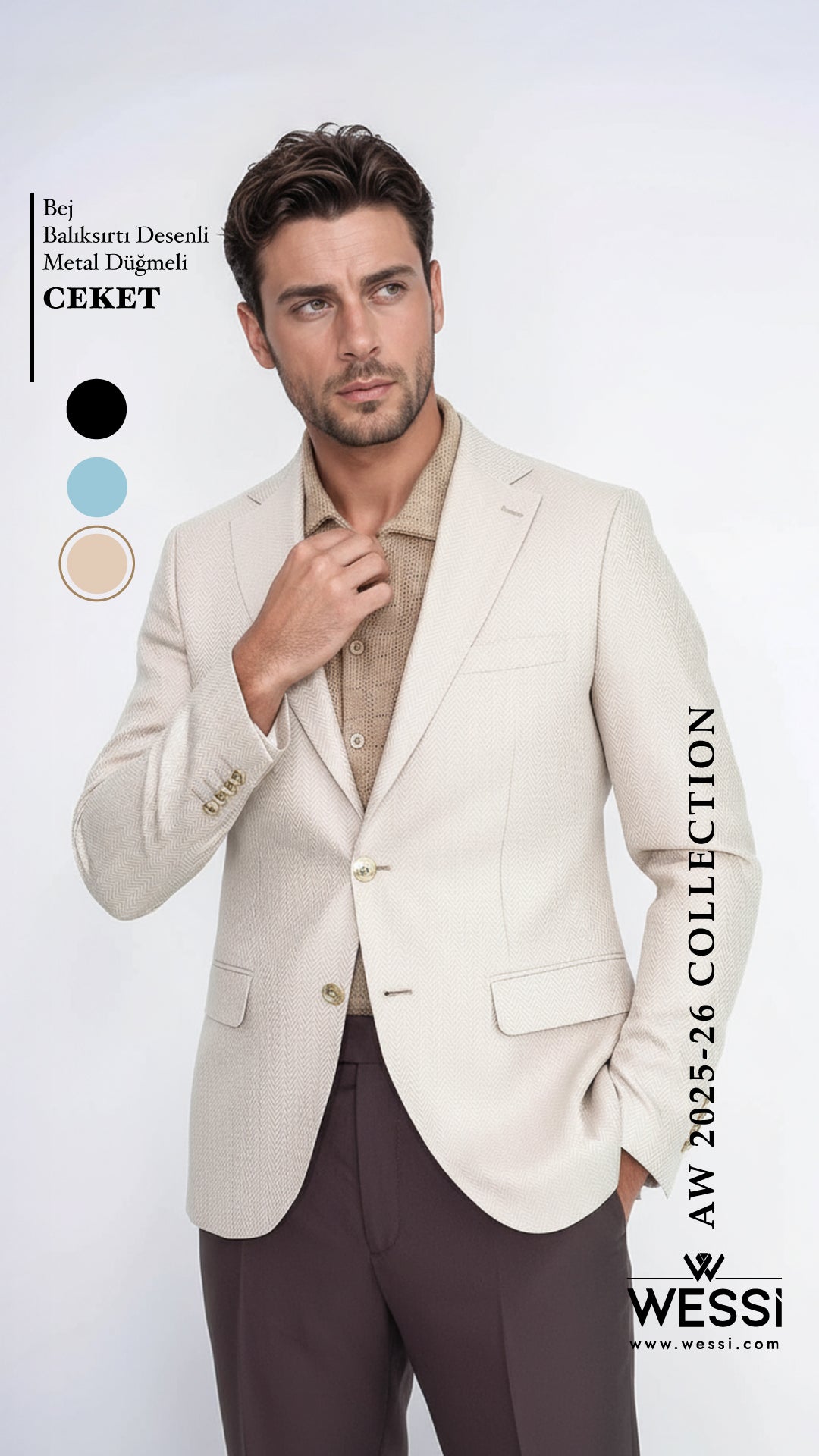 Beige Herringbone Pattern Gold MetalButton Slim Fit Men&