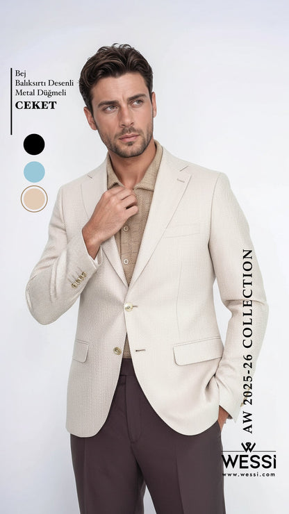 Beige Herringbone Pattern Gold MetalButton Slim Fit Men&