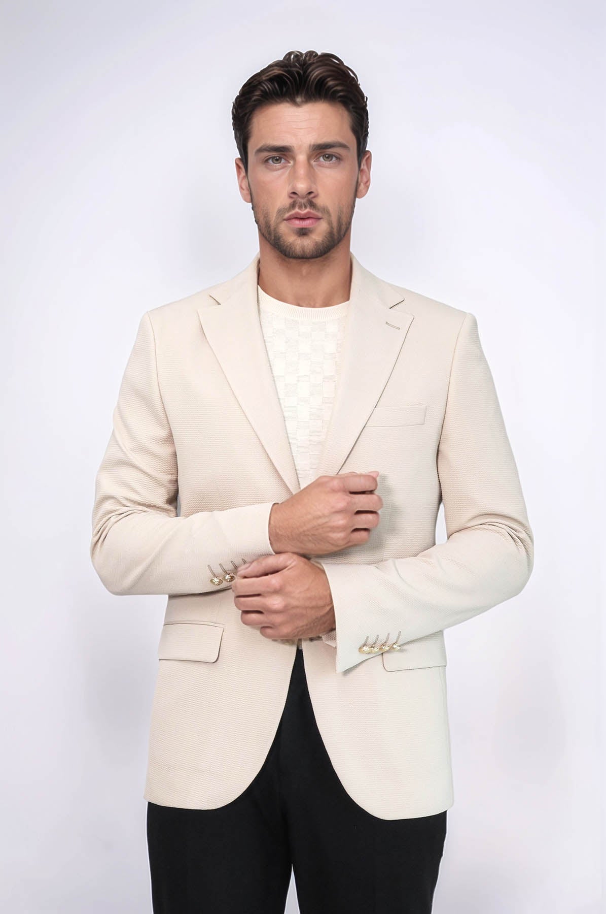 Beige Textured Gold Metal Button Slim Fit Men&