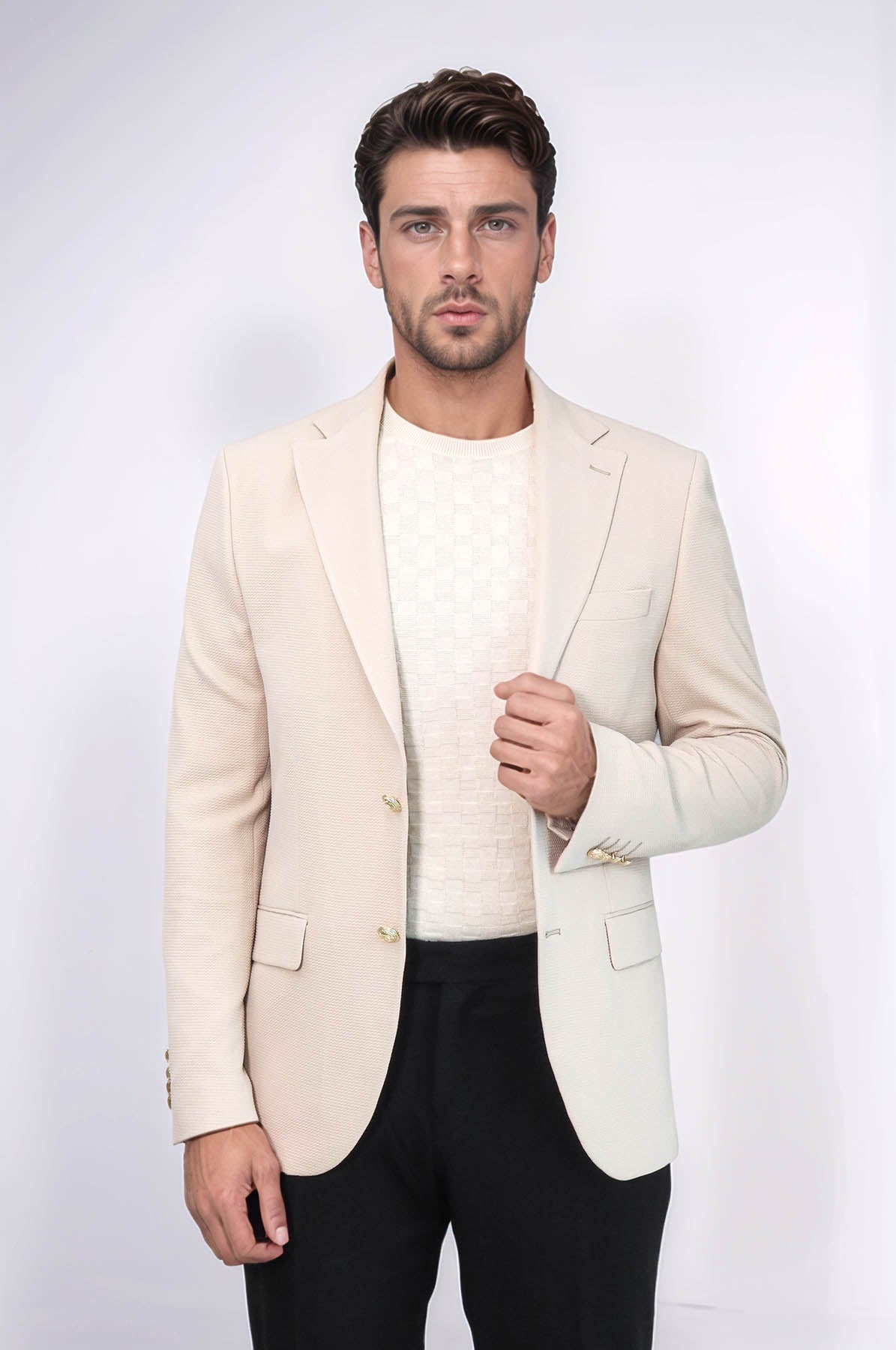 Beige Textured Gold Metal Button Slim Fit Men&