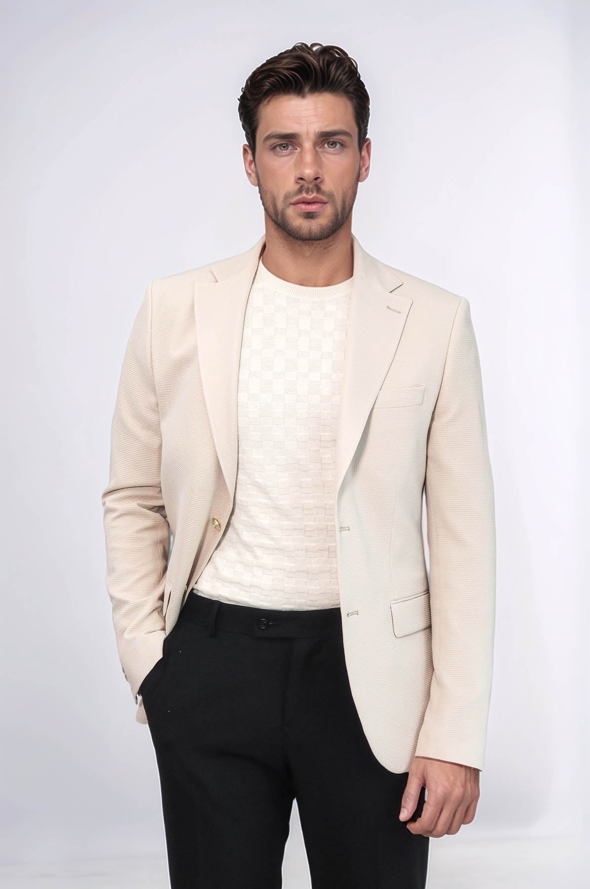 Beige Textured Gold Metal Button Slim Fit Men&