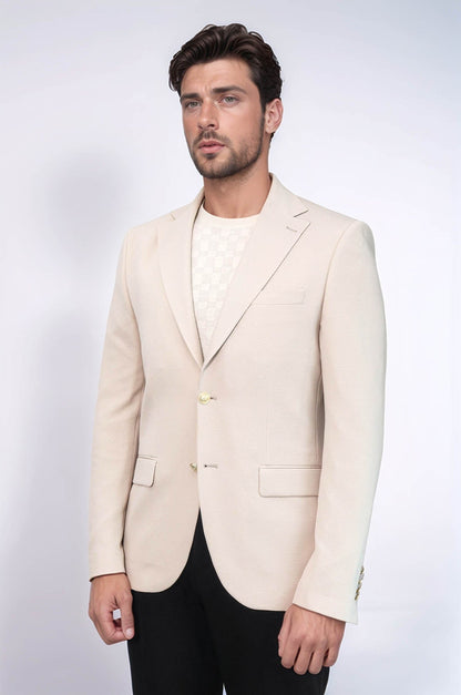 Beige Textured Gold Metal Button Slim Fit Men&