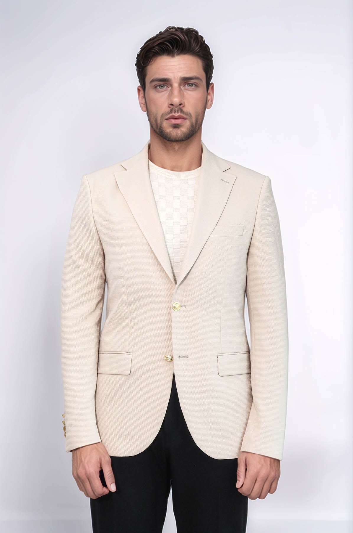 Beige Textured Gold Metal Button Slim Fit Men&
