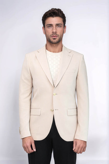 Beige Textured Gold Metal Button Slim Fit Men&