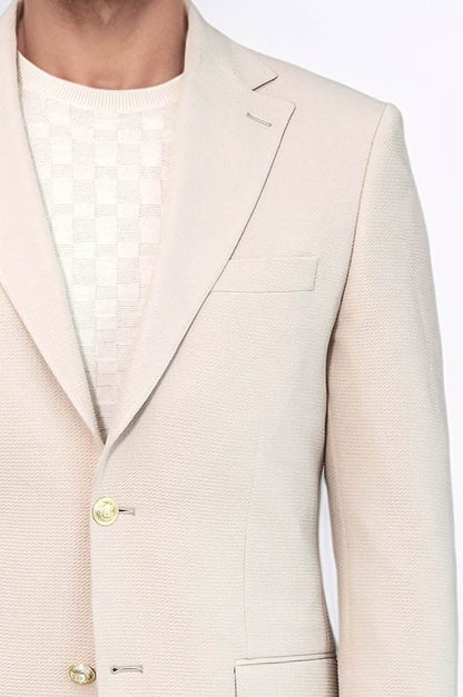 Beige Textured Gold Metal Button Slim Fit Men&