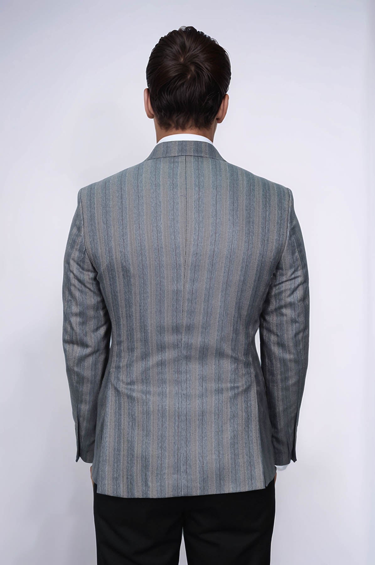 Striped Slim Fit Men Grey Blazer - Wessi