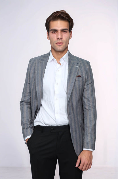 Striped Slim Fit Men Grey Blazer - Wessi