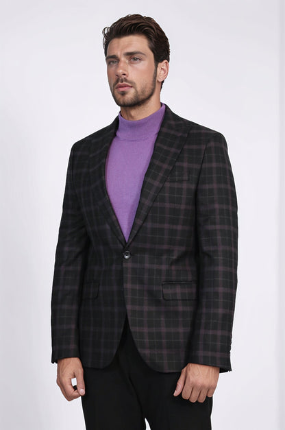 Checked Black Burgundy Men Blazer - Wessi
