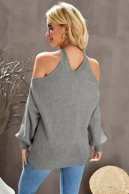 V Neck Cold Shoulder Sweater