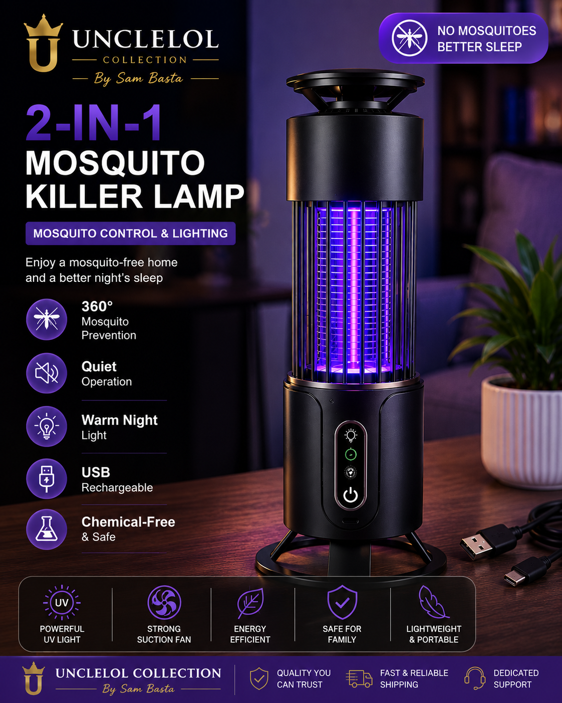 2-in-1 Indoor Mosquito Killer Lamp – USB Rechargeable UV Bug Zapper for Bedroom, Home &amp; Office