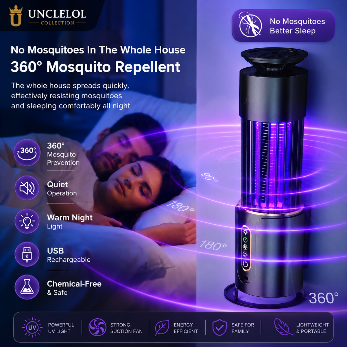2-in-1 Indoor Mosquito Killer Lamp – USB Rechargeable UV Bug Zapper for Bedroom, Home &amp; Office