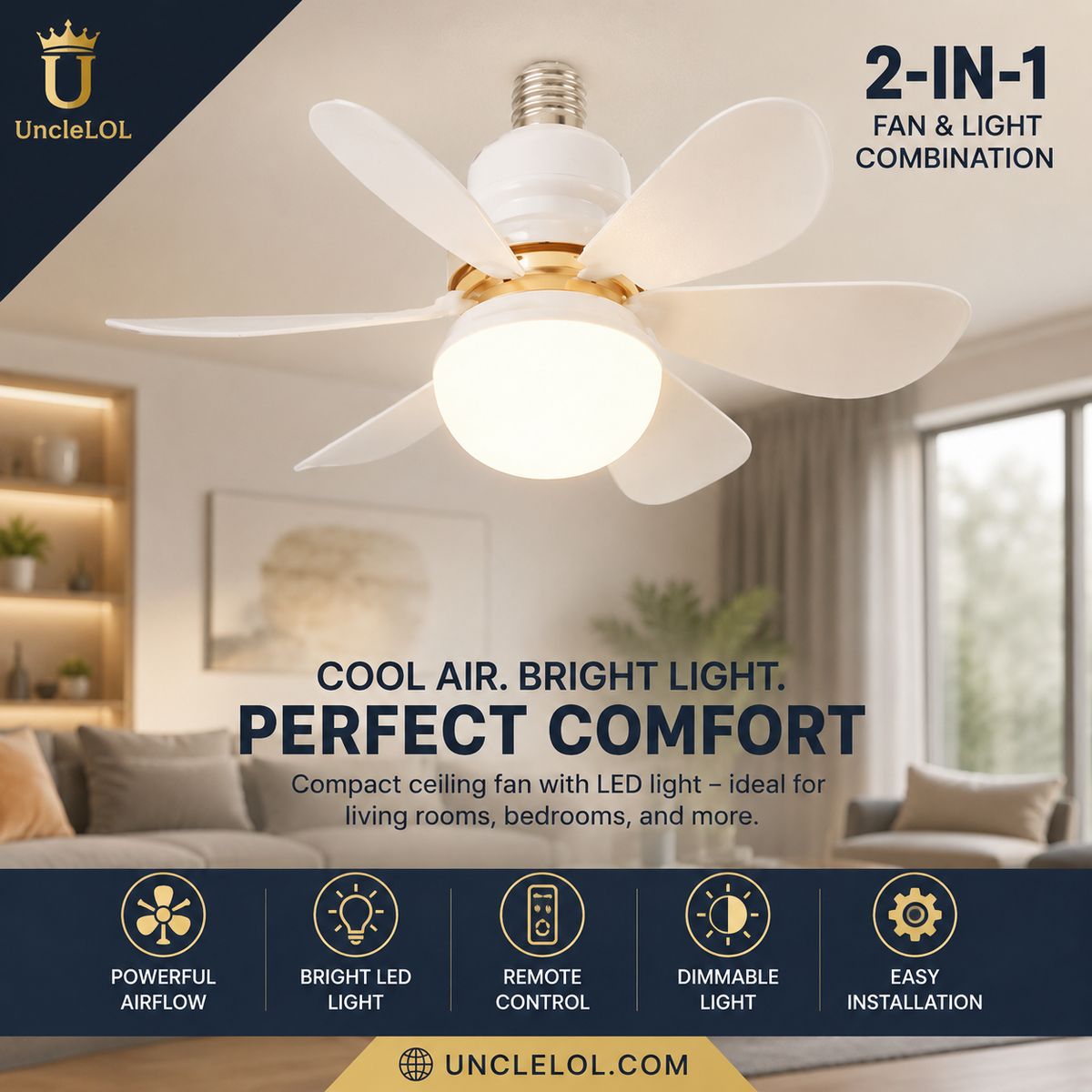 30W E27 Screw-In Ceiling Fan Light with Remote Control – Dimmable LED Fan Bulb for Bedroom, Living Room &amp; Home Office