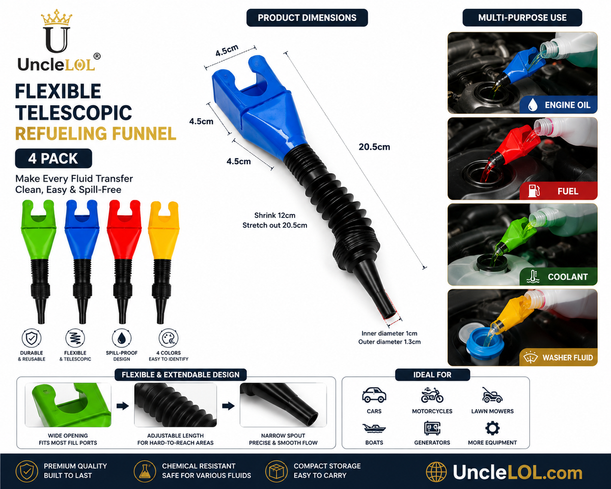 1 Pack Flexible Telescopic Refueling Funnel Set | Multi-Purpose Oil &amp; Fuel Funnels | UncleLOL