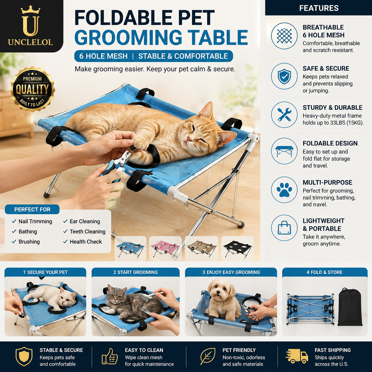 Foldable Pet Grooming Hammock Stand for Dogs &amp; Cats – Bathing, Nail Trimming &amp; Grooming Table