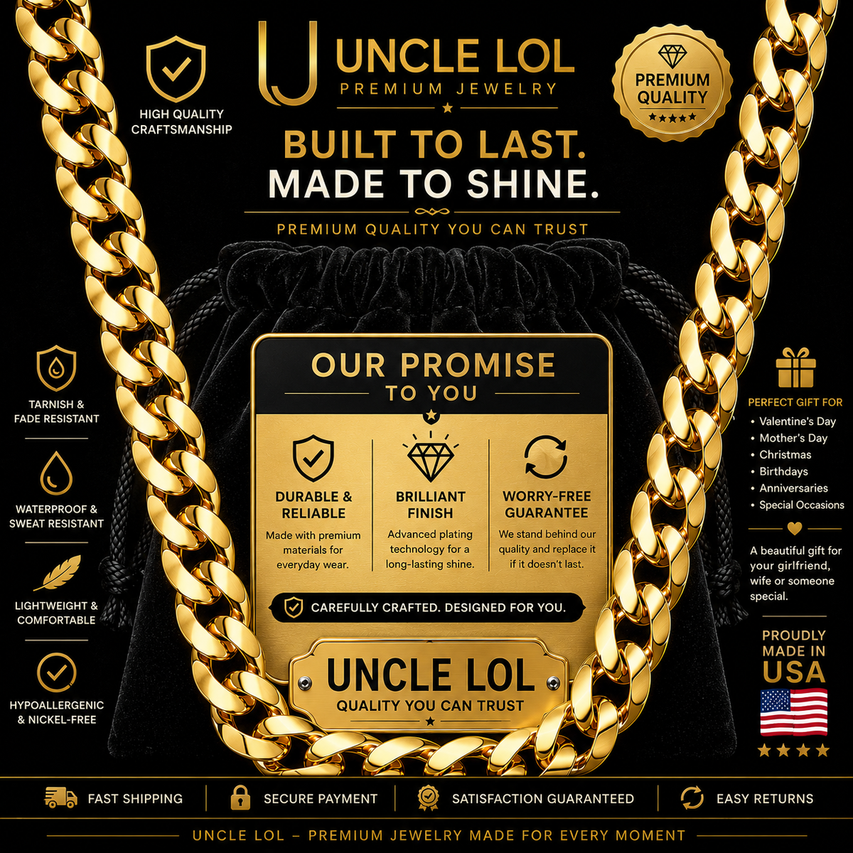 UNCLE LOL Premium Silver Cuban Link Chain Necklace – Tarnish-Resistant Stainless Steel