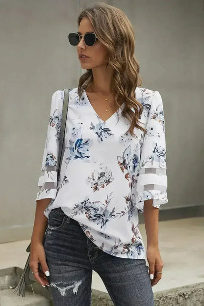 White Floral Blouse with 3/4 Flared Sleeves | Femstylo