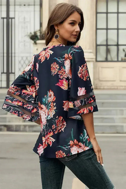 Chic Red 3/4 Flared Sleeve Floral Chiffon Blouse | Femstylo