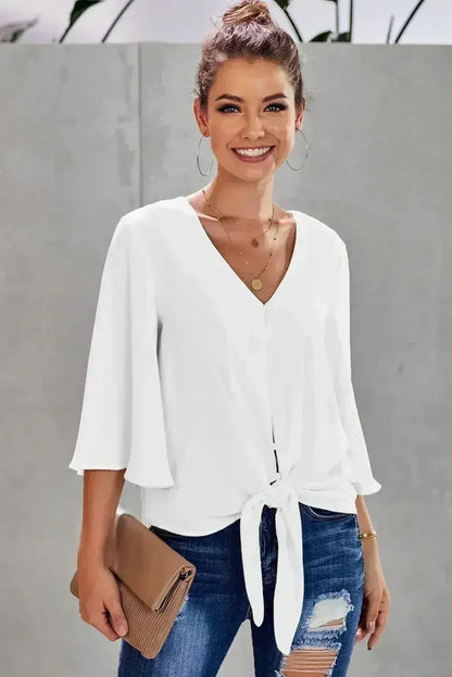 Chic White V Neck Flare Sleeve Button Tie Blouse Top | Femstylo