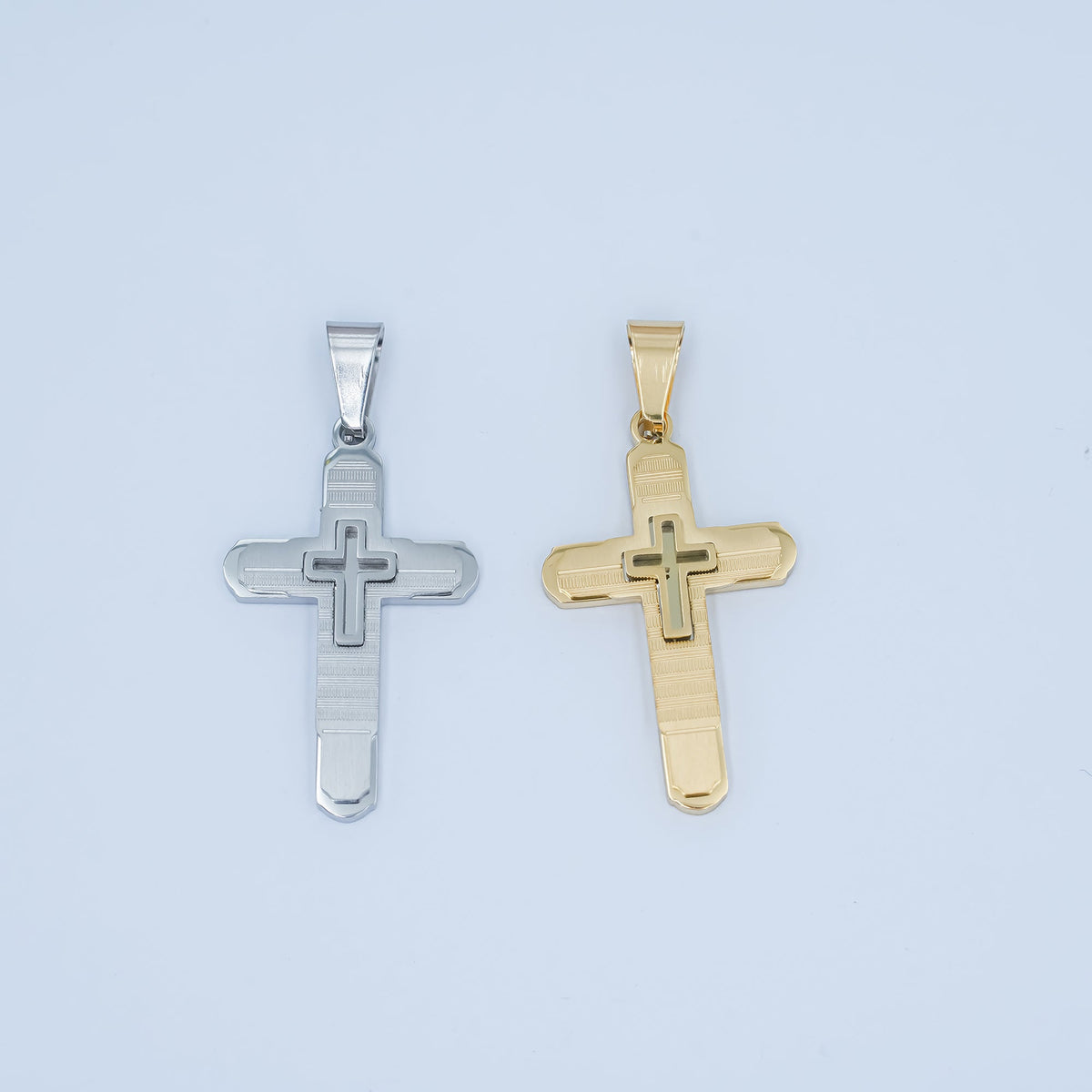 Stainless Steel Geometric Lined Cross Pendant in Gold &amp; Silver | P1048