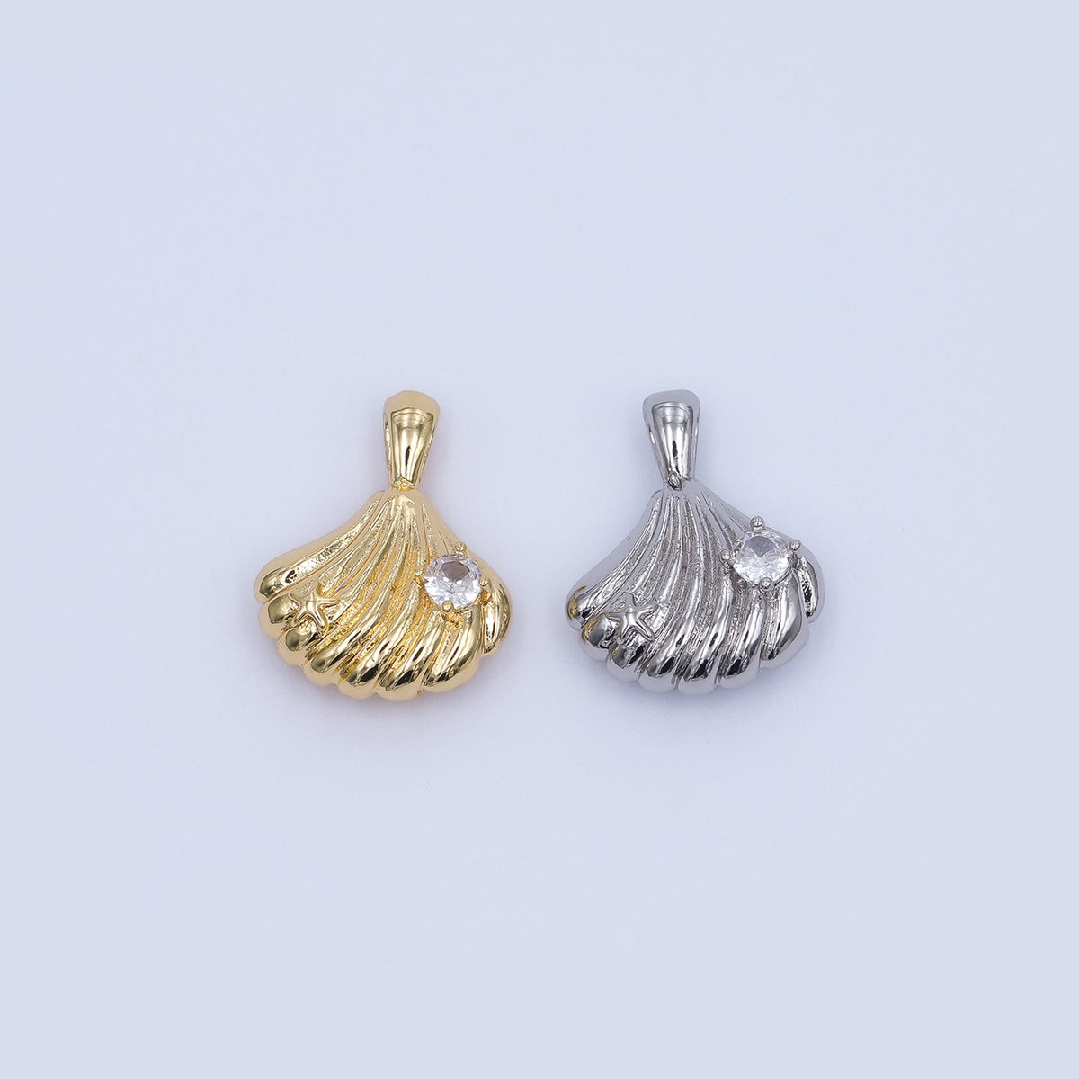 24K Gold Filled 17mm Clear CZ Scallop Sea Shell 3D Multidimensional Pendant in Gold &amp; Silver | AH459