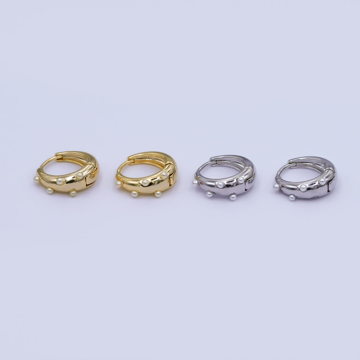 24K Gold Plated 14.5mm Shell Pearl Dotted Huggie Earrings in Gold &amp; Silver | AE423 AE628
