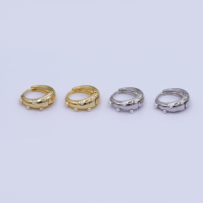 24K Gold Plated 14.5mm Shell Pearl Dotted Huggie Earrings in Gold &amp; Silver | AE423 AE628