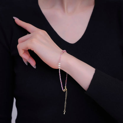 24K Gold Filled 2mm Shell Pearl Pink Quartz Multifaceted Gemstone 9 Inch Anklet Bracelet | WA-2945