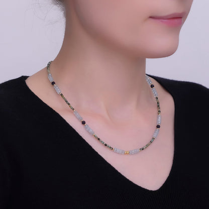 24K Gold Filled 4mm Green Moss Agate Multifaceted Gemstone Bead 17 Inch Necklace | WA-2965