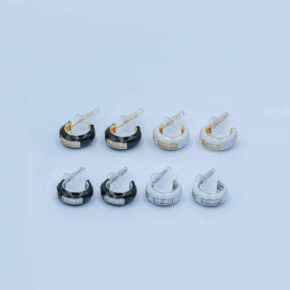 Black, White Enamel Baguette CZ C-Shaped Hoop Earrings in Gold &amp; Silver | AE265 - AE73