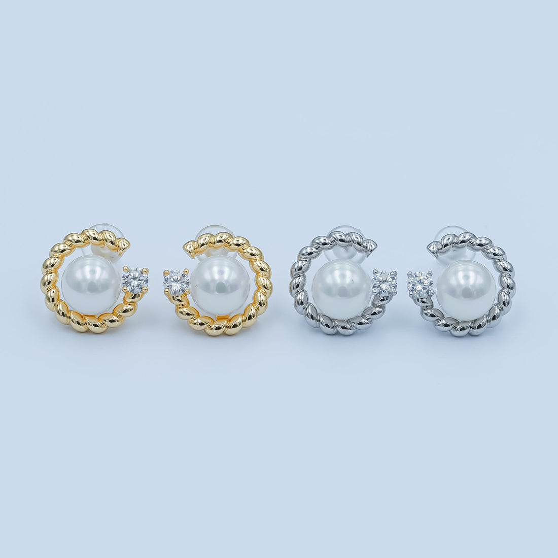 White Shell Pearl CZ Croissant C-Shaped Stud Earrings in Gold &amp; Silver | AD1359 AD1360