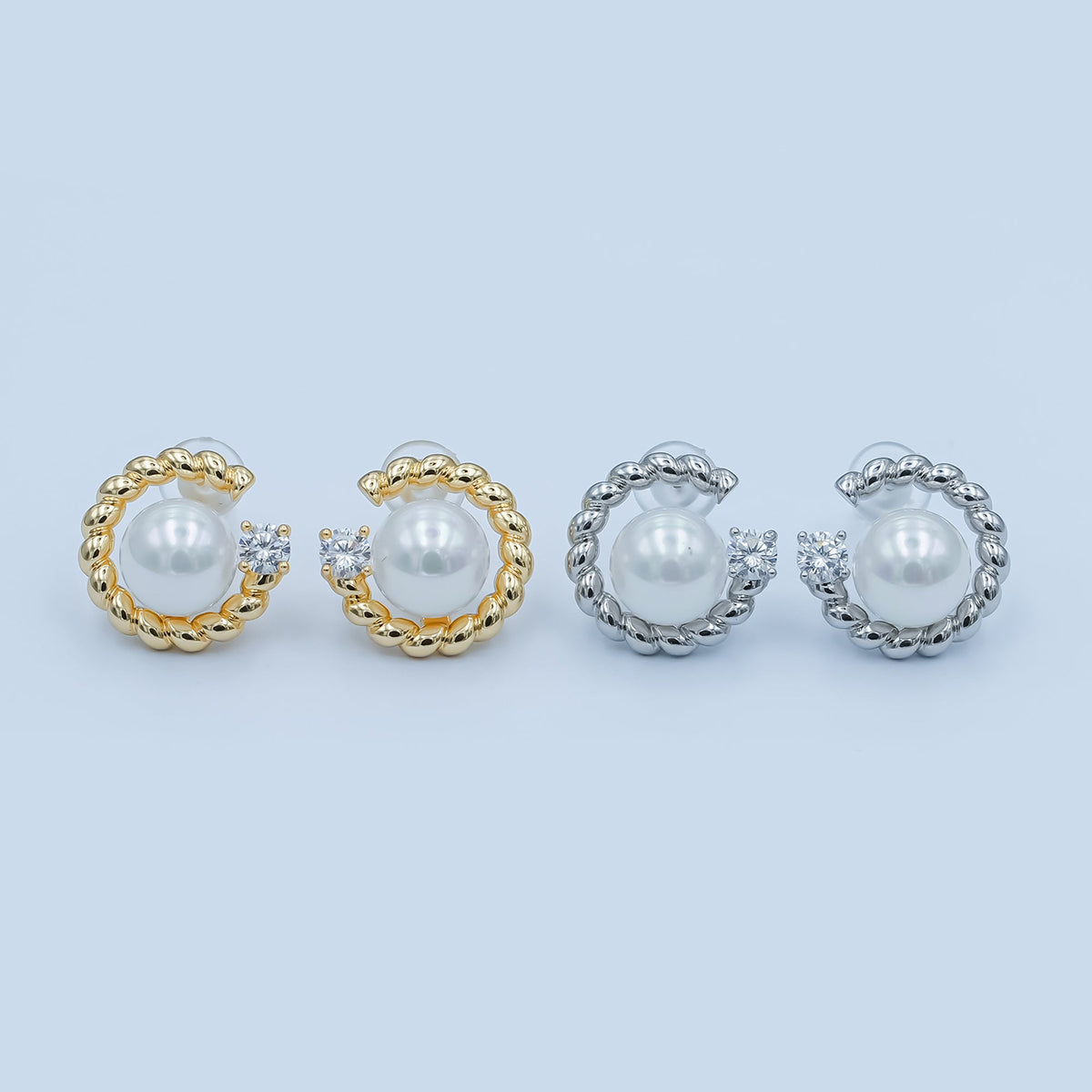 White Shell Pearl CZ Croissant C-Shaped Stud Earrings in Gold &amp; Silver | AD1359 AD1360
