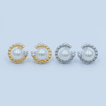 White Shell Pearl CZ Croissant C-Shaped Stud Earrings in Gold &amp; Silver | AD1359 AD1360