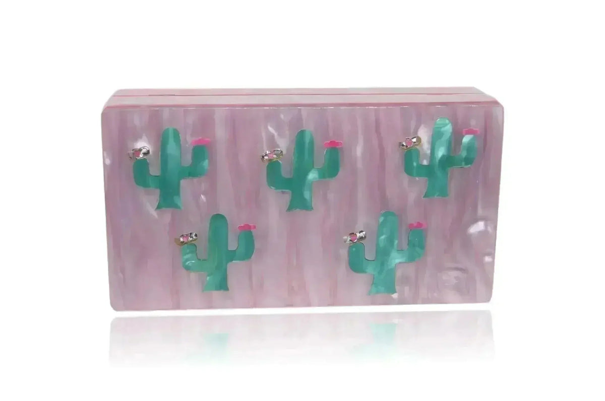 Pink and Green Cactus Acrylic Box Clutch