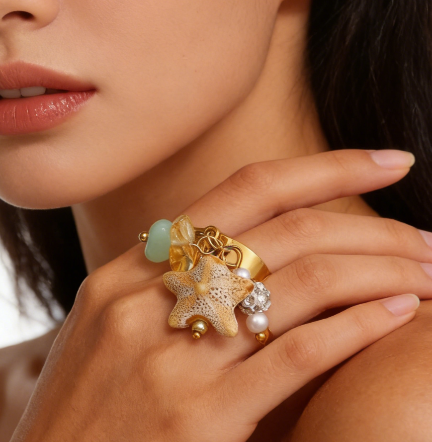 Bohemian Starfish &amp; Shell Pendant Ring