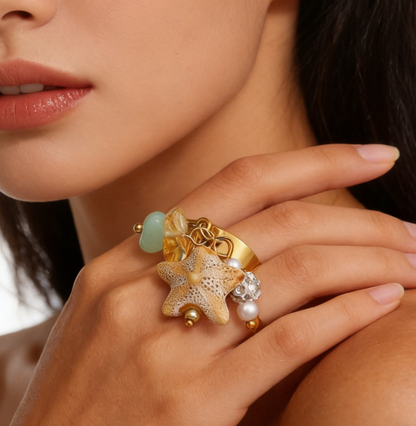 Bohemian Starfish &amp; Shell Pendant Ring