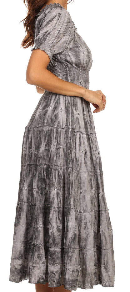 Sakkas Melissa Two Tone Dyed Tiered Smocked Waist Long Dress With Short Sleeves