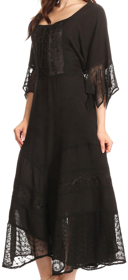 Sakkas Bexley Scoop Neck Bell Sleeve Bohemian Gypsy Embroidered Corset Dress