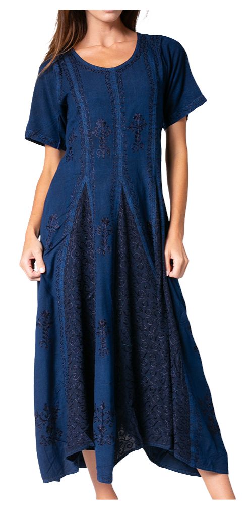 Sakkas Hailey Cap Sleeve Caftan Long Embroidered Stonewashed Dress