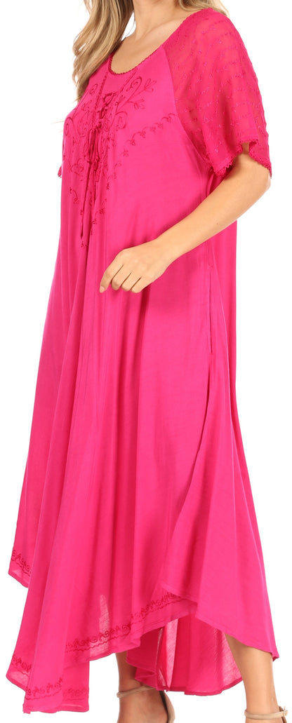 Sakkas Shasta Lace Embroidered Cap Sleeves Long Caftan Dress / Cover Up