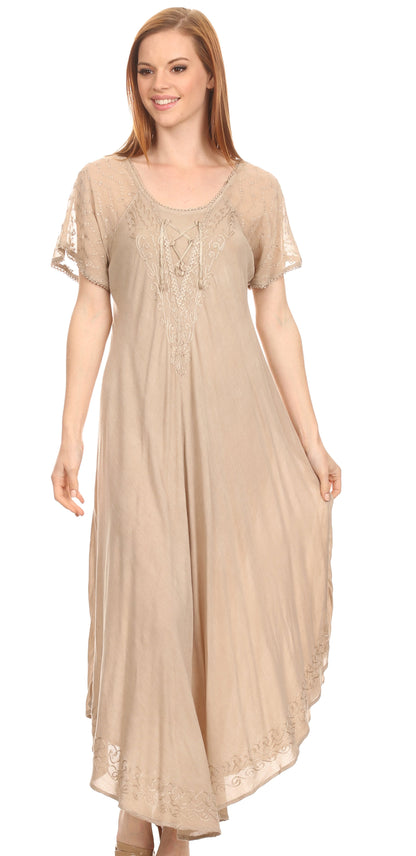 Sakkas Shasta Lace Embroidered Cap Sleeves Long Caftan Dress / Cover Up