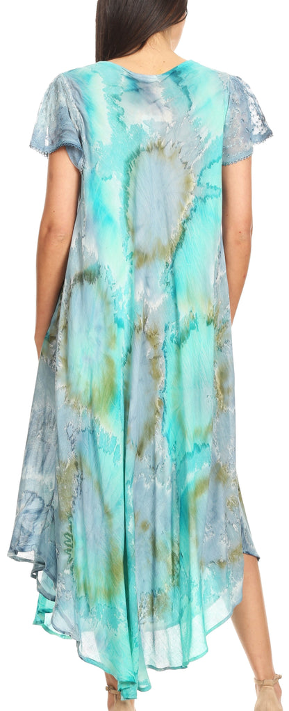 Sakkas Sayli Long Tie Dye Cap Sleeve Embroidered Wide Neck Caftan Dress / Cover Up