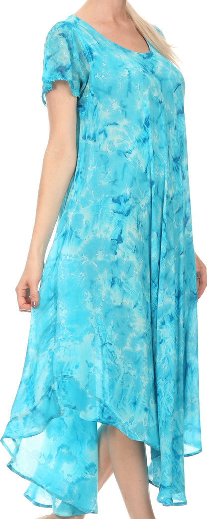 Sakkas Sayli Long Tie Dye Cap Sleeve Embroidered Wide Neck Caftan Dress / Cover Up
