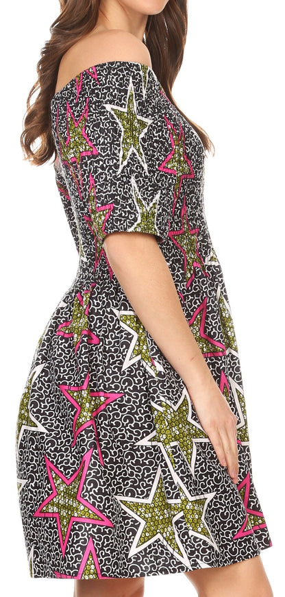 Sakkas Ife Wax African Ankara Colorful Cocktail Short Dress Off-shoulder w/pockets