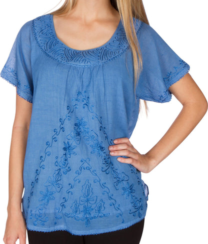 Sakkas Embroidered 100% Cotton Scoop Neck Semi-Sheer Short Sleeve Gauzy Top / Blouse