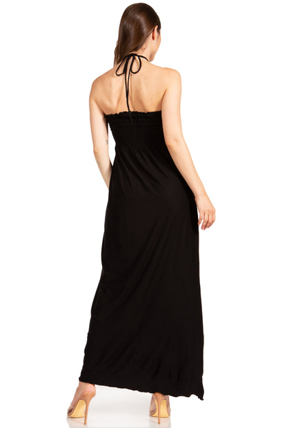 Sakkas Soft Jersey Feel Solid Color Smocked Bodice String Halter Long Dress